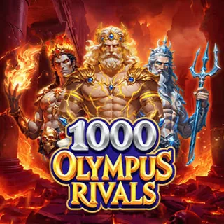 Portada del juego 1000 Olympus Rivals: tres deidades antiguas, una con rayo y otras con tridente, sobre un fondo de lava