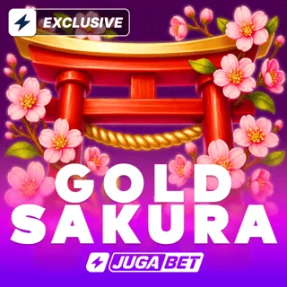Portada del juego Gold Sakura: puerta torii roja entre flores de cerezo sobre fondo rosa y violeta