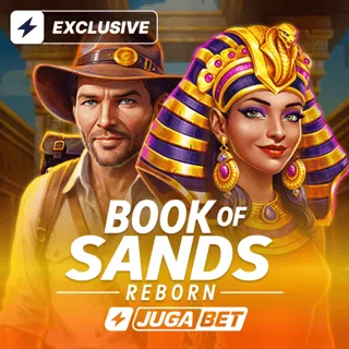 Portada del juego Book of Sands Reborn: aventurero con sombrero junto a una reina egipcia con tocado dorado