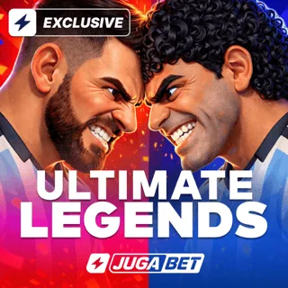 Portada del juego Ultimate Legends: dos futbolistas frente a frente sobre fondo rojo y azul