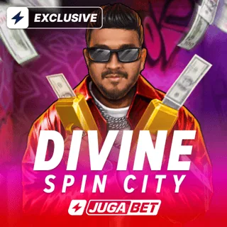 Portada del juego Divine Spin City: hombre con lentes oscuros y chaqueta roja entre lingotes dorados y billetes